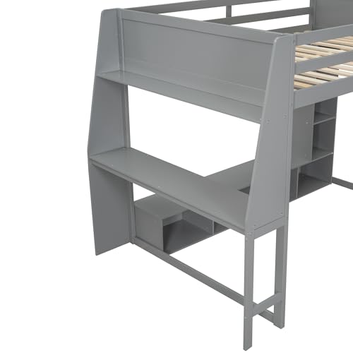 Full Size Solid Wood Loft Bed with Desk and Storage, Grey K3841