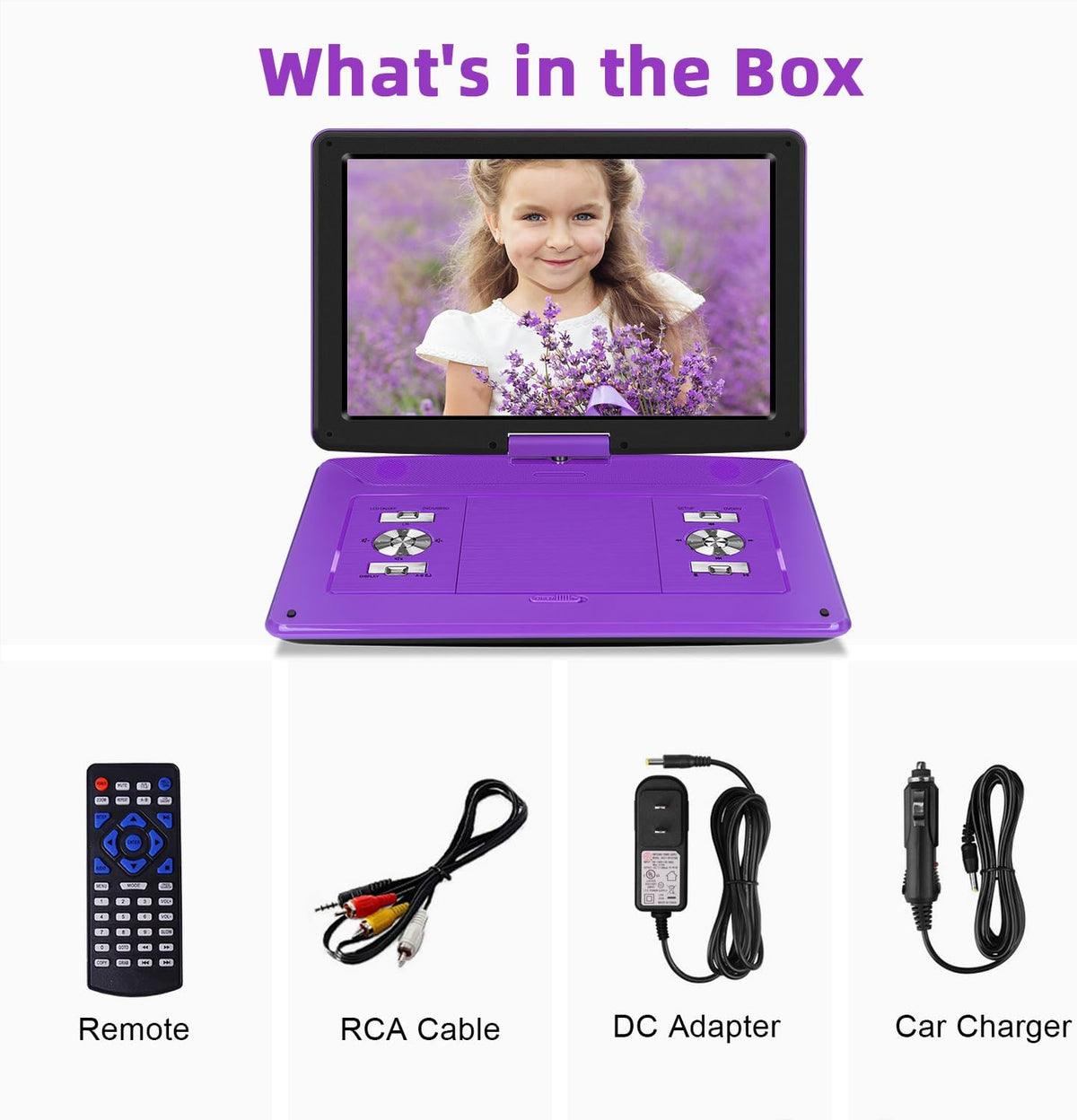 17.5" Portable DVD Player with 15.6" HD Screen, 6 Hours Rechargeable Battery, Purple U271067
