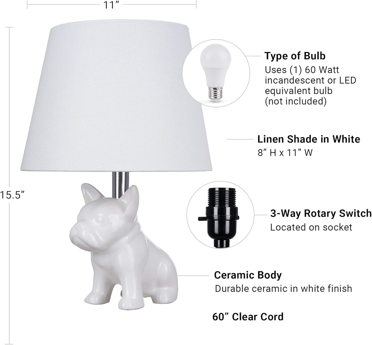 White Ceramic French Bulldog Table Lamp O9058