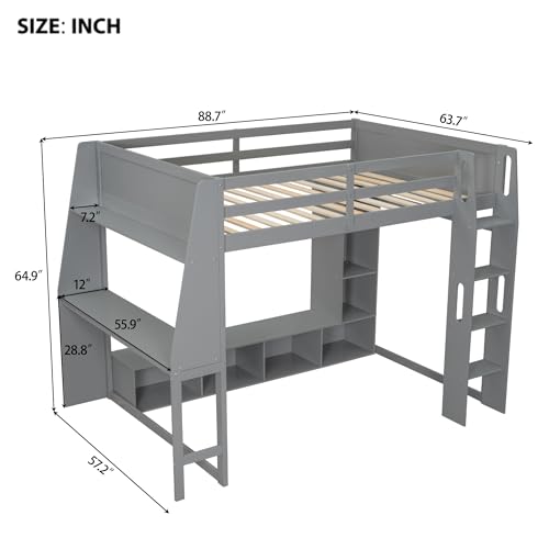Full Size Solid Wood Loft Bed with Desk and Storage, Grey K3841