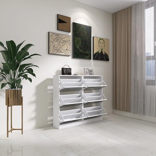 White Shoe Cabinet with 3 Flip Drawers & 2 Sliding Drawers M473