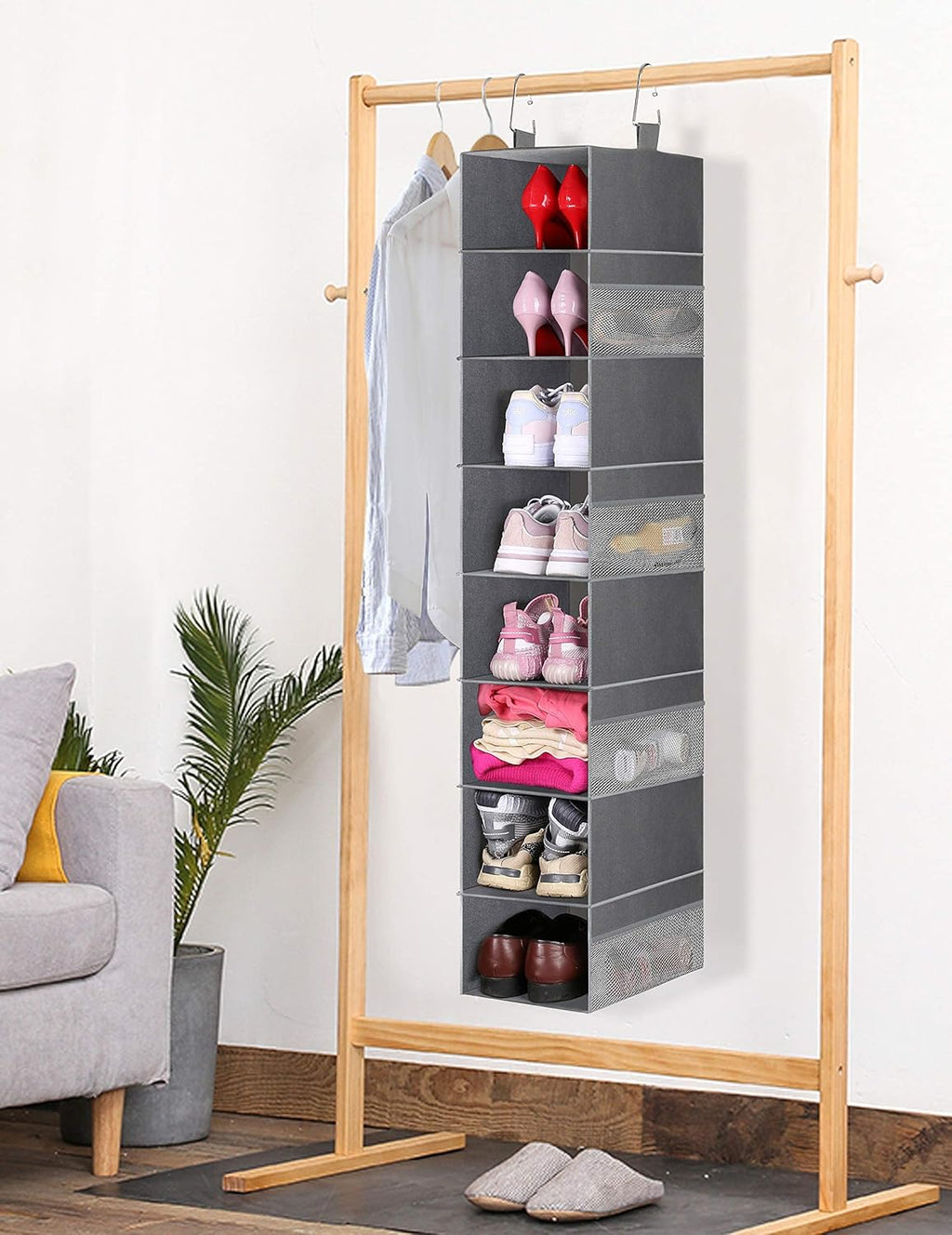 3-Tier Long Shoe Rack and 8-Shelf Hanging Shoe Organizer W967865