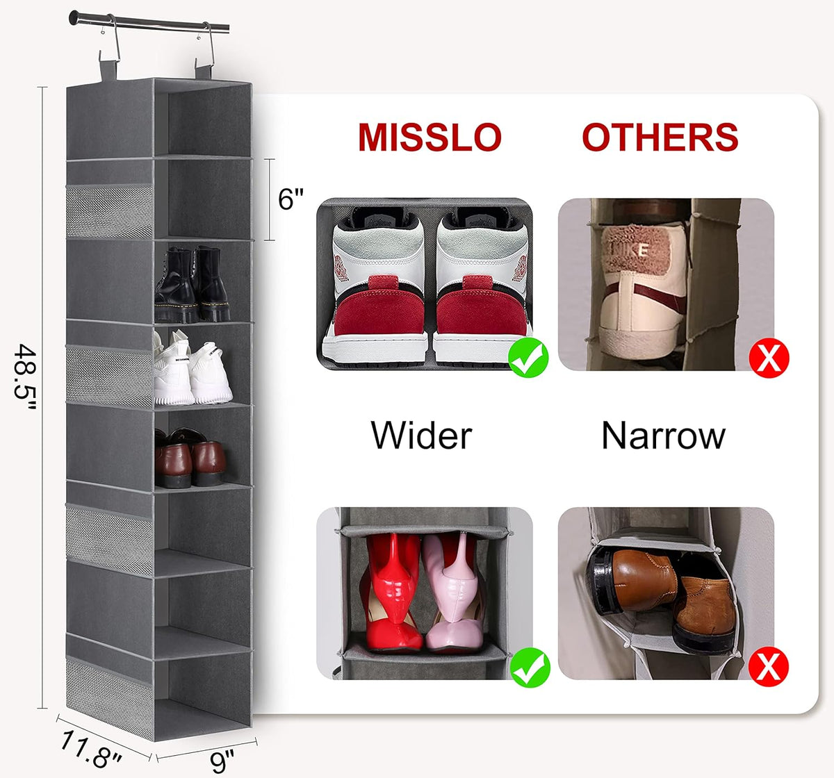 3-Tier Long Shoe Rack and 8-Shelf Hanging Shoe Organizer W967865