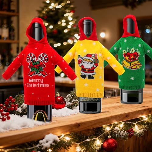 3Pcs Christmas Wine Bottle Covers Knitted Hoodie H299