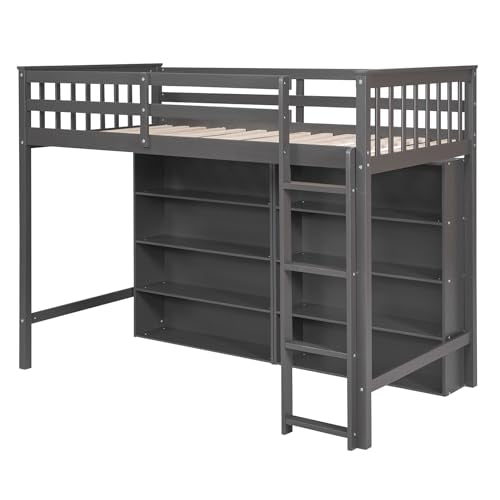 White Full Size Wood Loft Bed with Cabinet and Bookshelf P1028