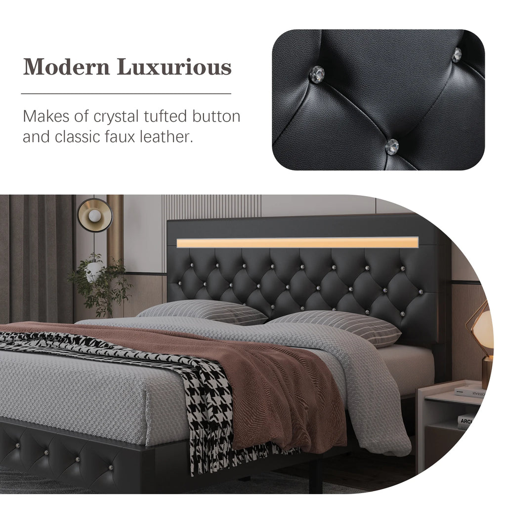 Full Size LED Leather Bed Frame with Headboard Y264332