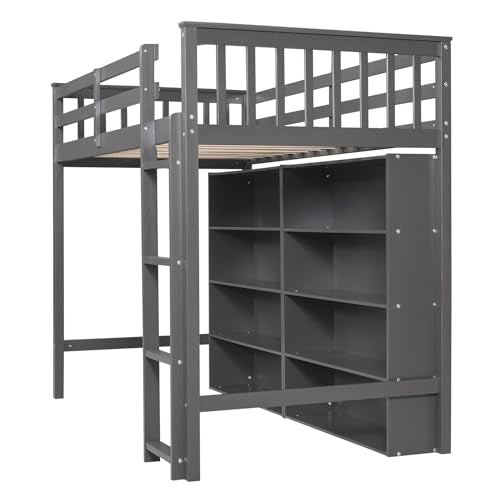 White Full Size Wood Loft Bed with Cabinet and Bookshelf P1028