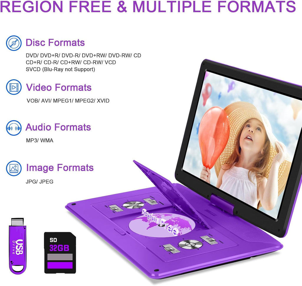 17.5" Portable DVD Player with 15.6" HD Screen, 6 Hours Rechargeable Battery, Purple U271067