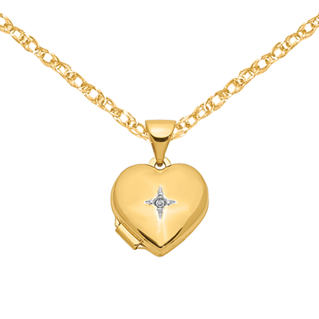 14 Karat Yellow Gold 12mm Heart Diamond Locket on 18-inch Cable Rope Chain T98866