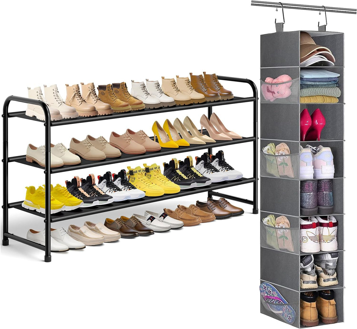 3-Tier Long Shoe Rack and 8-Shelf Hanging Shoe Organizer W967865