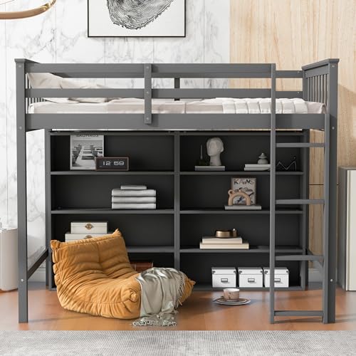 White Full Size Wood Loft Bed with Cabinet and Bookshelf P1028