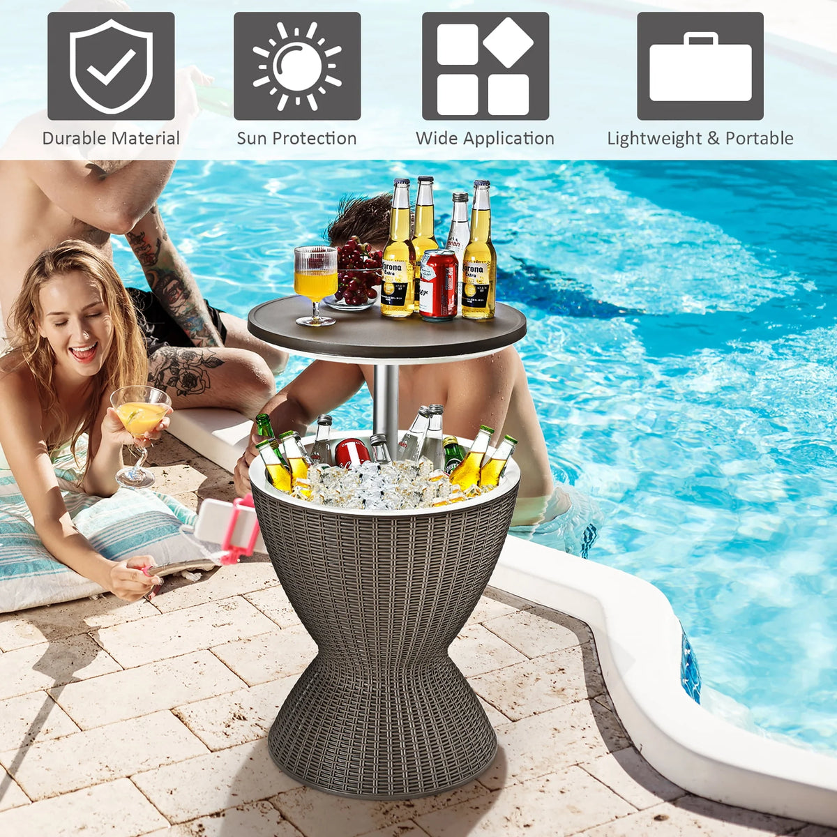 8 Gallon 3 in 1 Patio Rattan Cooler Bar Table Brown Z550762