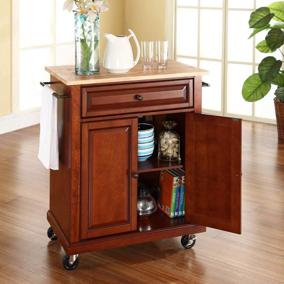 Natural Wood Top Portable Kitchen Cart X7333
