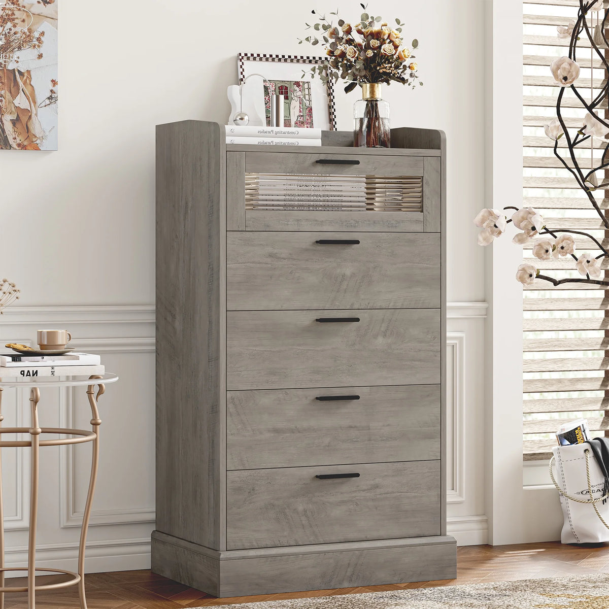 White 5 Drawer Glass Panel Wood Dresser Y381254