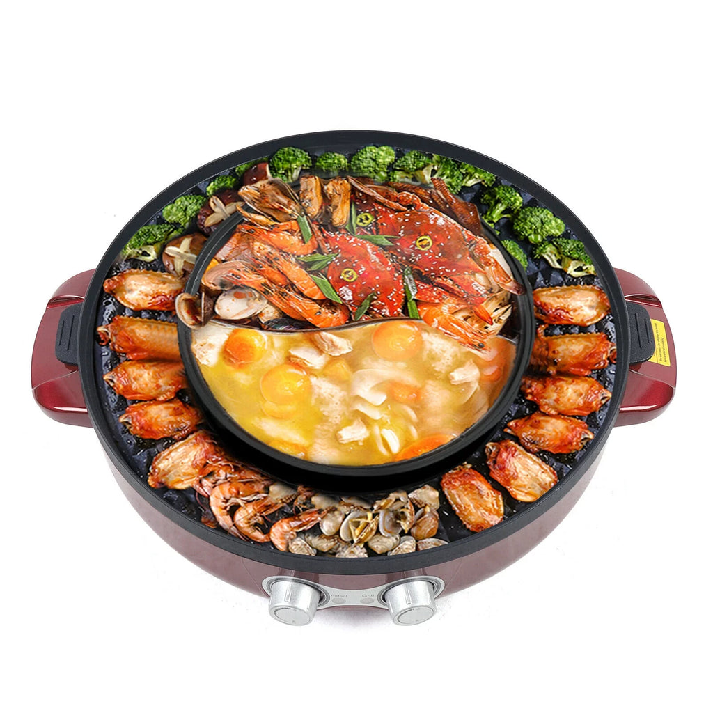 2 in 1 Electric Soup Shabu Pot Smokeless Grill Hot Pot 2200W Red L944