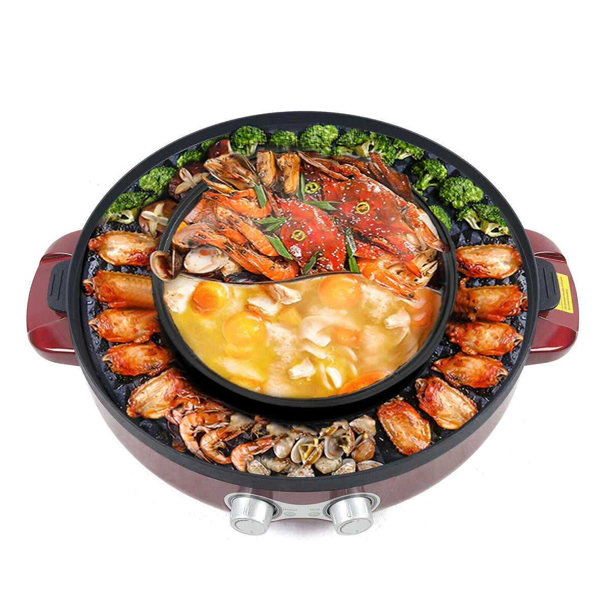 2 in 1 Electric Soup Shabu Pot Smokeless Grill Hot Pot 2200W Red L944