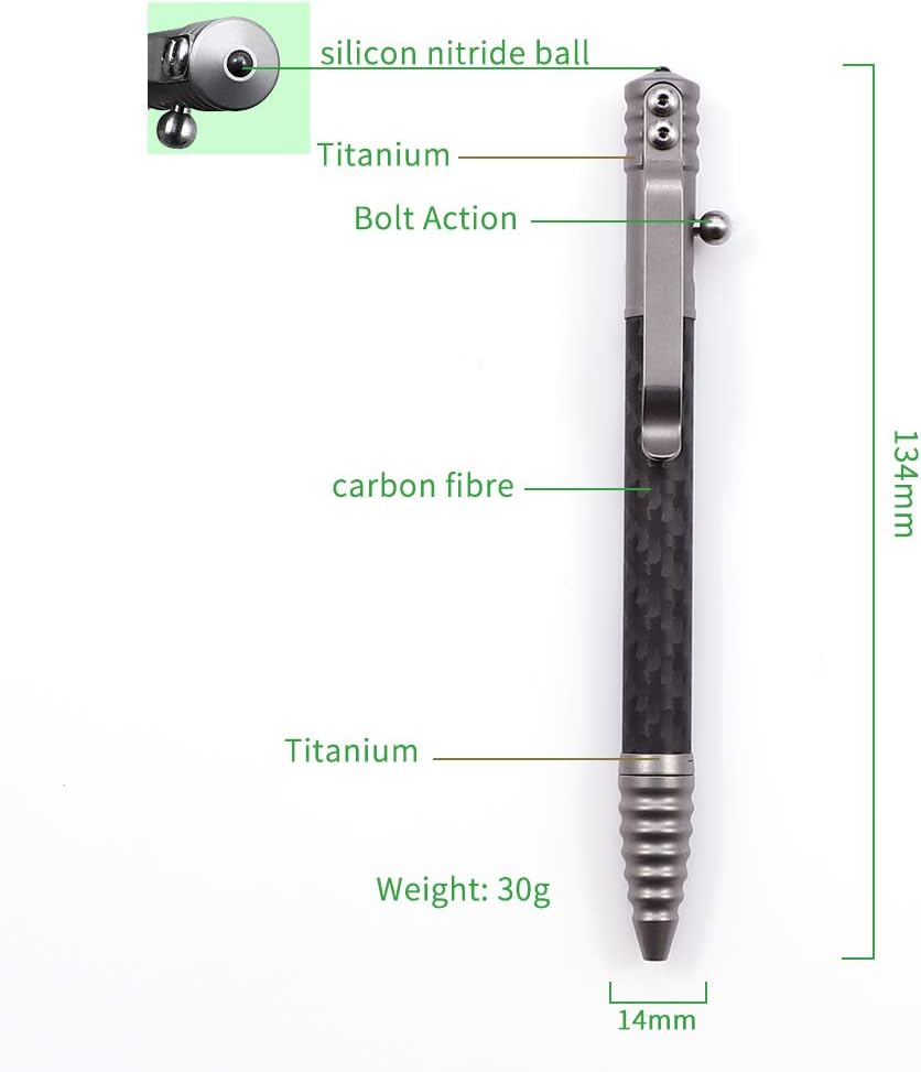 Titanium Tactical Pen with Glass Breaker Tool, Bolt Action Pen in Carbon Fiber barrel N448052