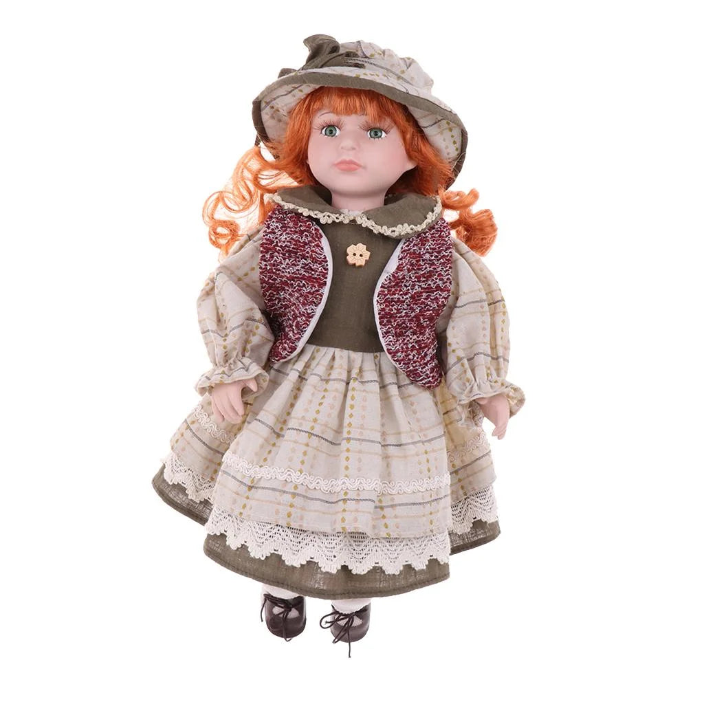 16inch Porcelain Doll Sitting People Figures in Clothes Hat Y94843