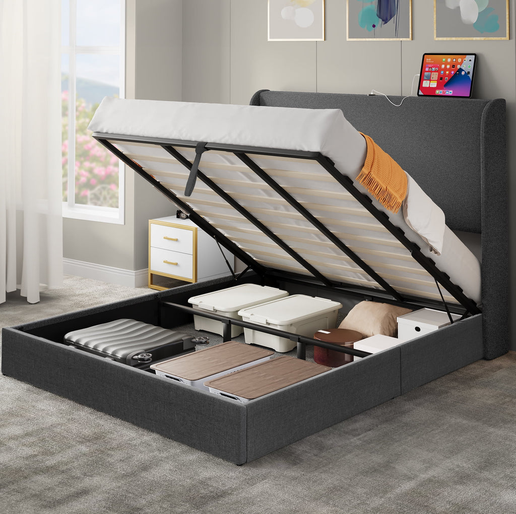 Queen Size Lift-Up Storage Bed with Charging Station and Wingback Headboard S88283
