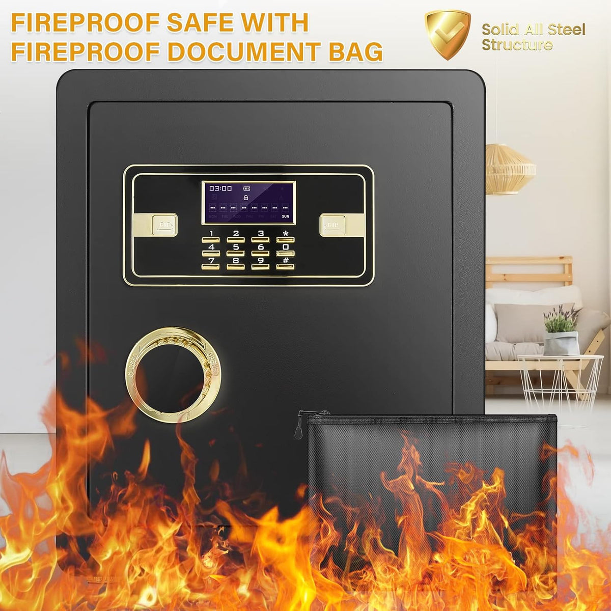 Fireproof Waterproof Digital Keypad Safe Box with Document Bag F448