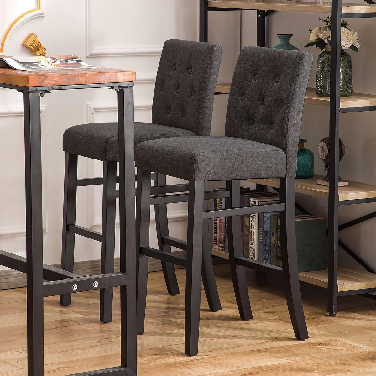 Charcoal Fabric Upholstered Bar Stools with Solid Wood Legs Set of 4 P3926