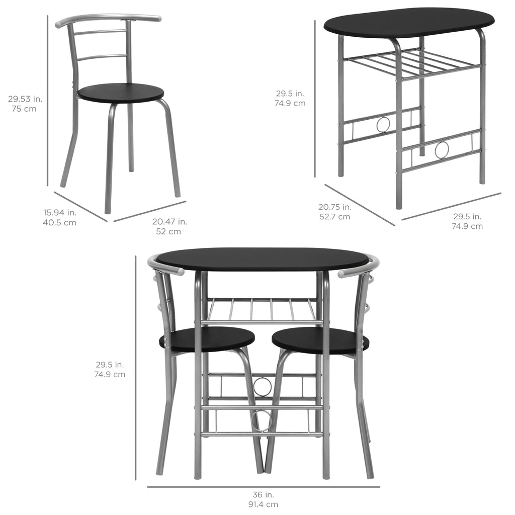 3-Piece Wood Dining Table & Chairs Set with Steel Frame, Built-In Wine Rack A216964