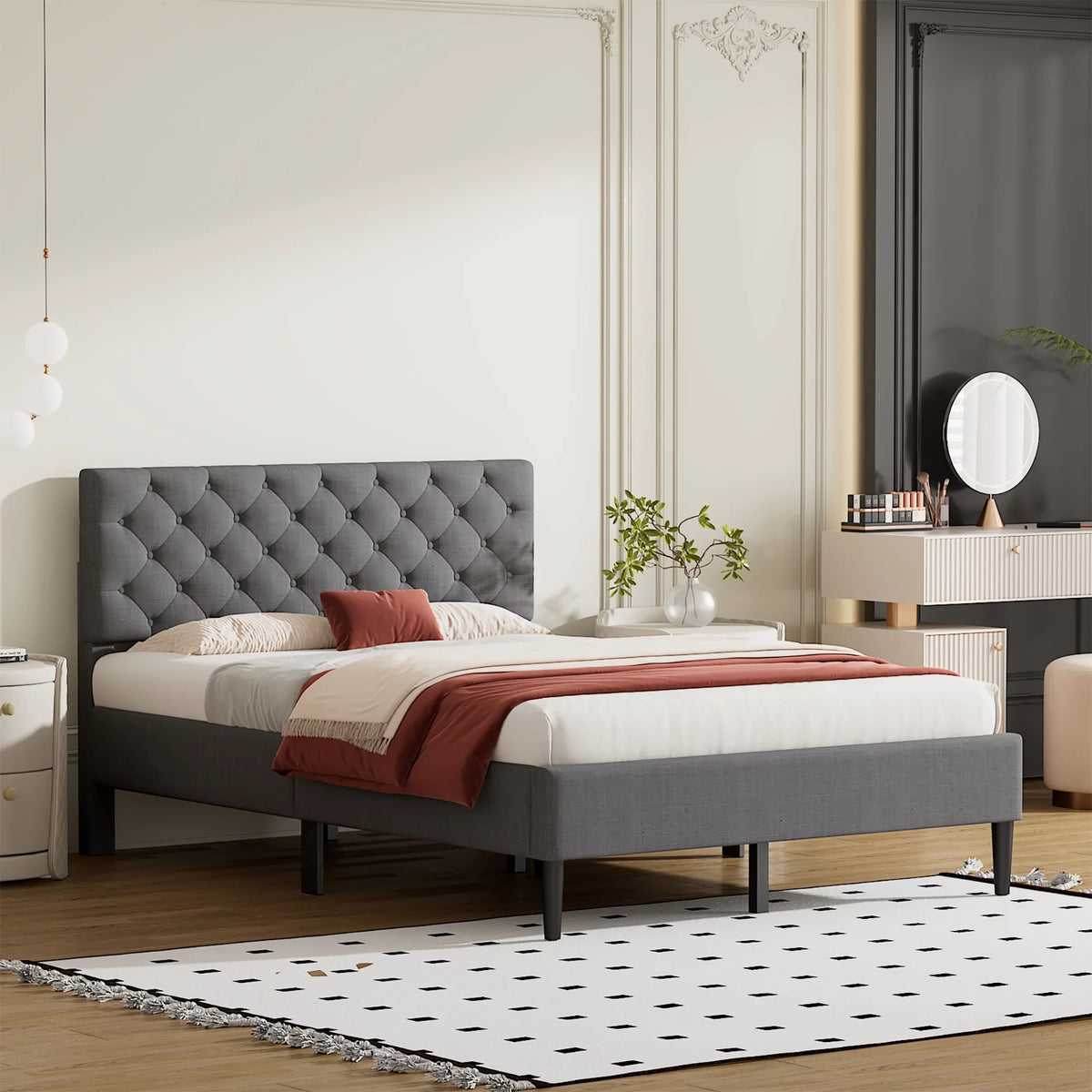 Gray Upholstered Full Platform Bed with Tufted Headboard J788270