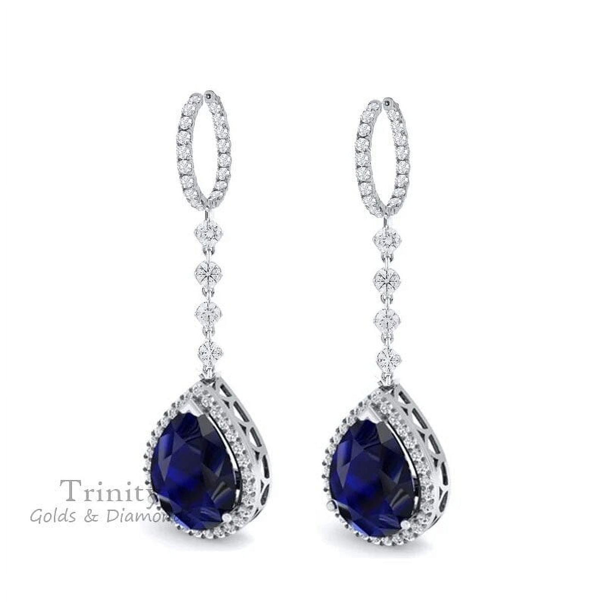 2.0 Carat Pear Shape Blue Sapphire Diamond Dangle Earrings, Sterling Silver Clip On P64793