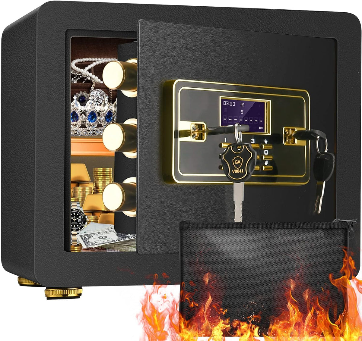 Fireproof Waterproof Digital Keypad Safe Box with Document Bag F448