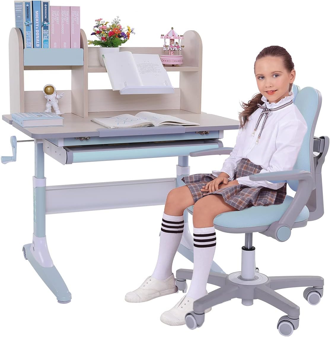 Pink Height Adjustable Ergonomic Kids Study Desk and Chair Set with Drawer and Bookshelf C222