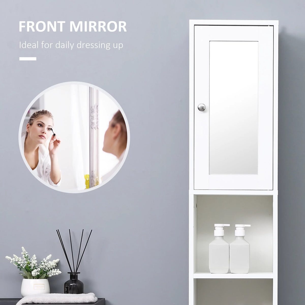 Tall White Wooden Bathroom Storage Cabinet with Mirror U6492