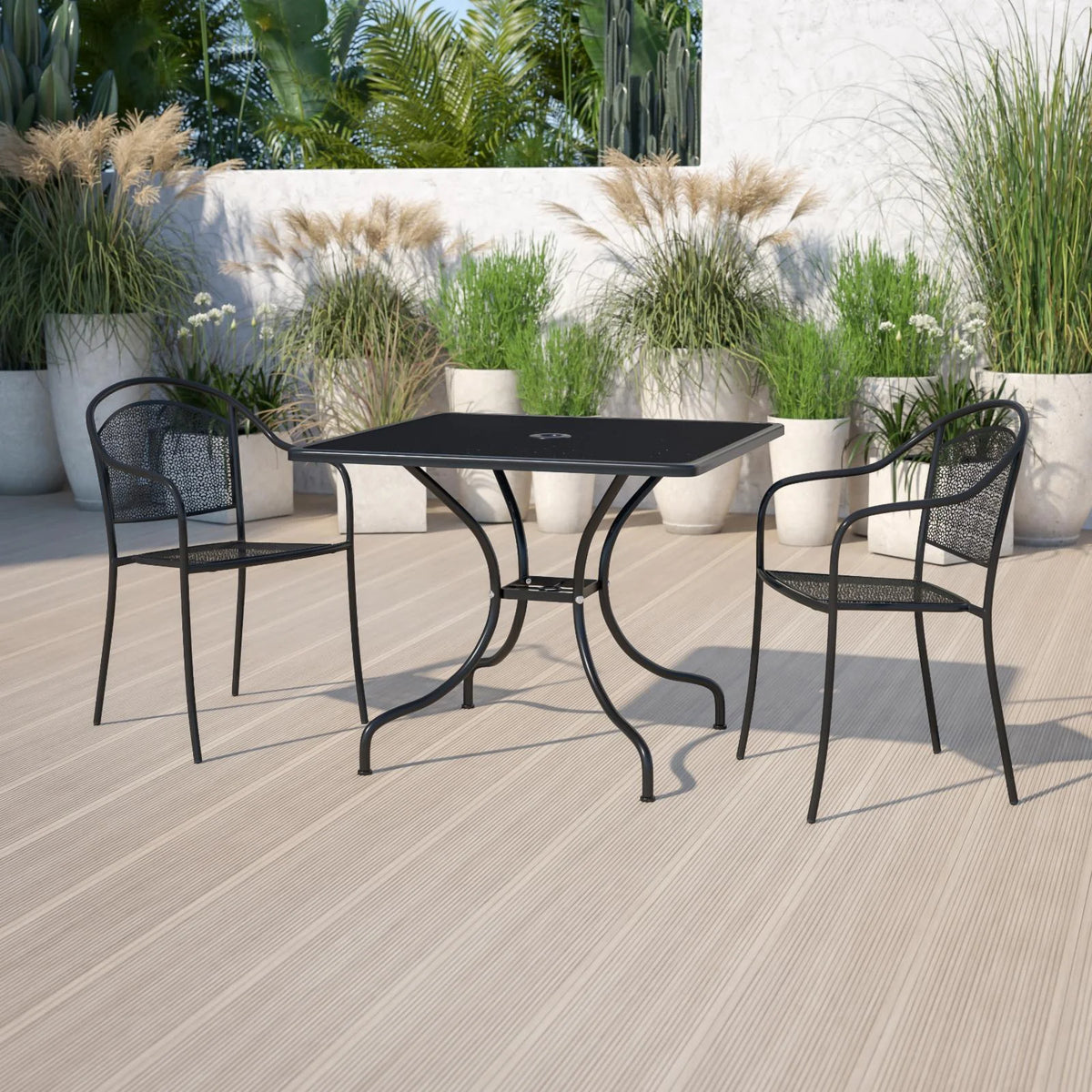 Square Black Steel Patio Table with Umbrella Hole L333493