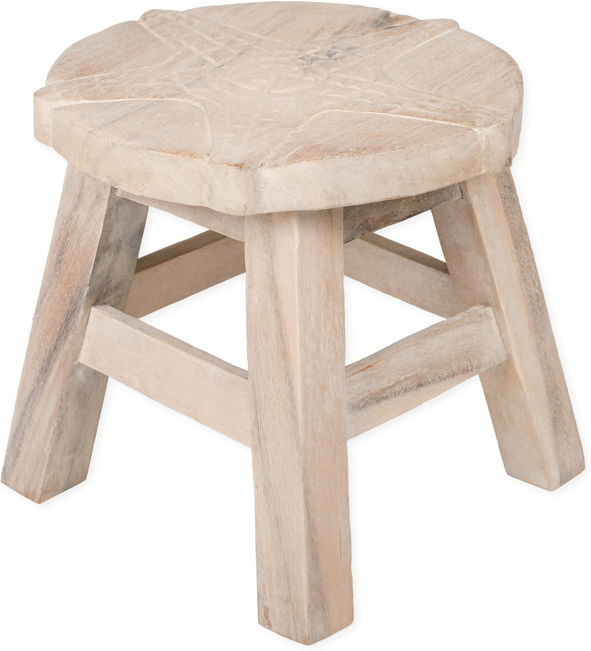 Whitewash Hand Carved Acacia Wood Decorative Stool T59982