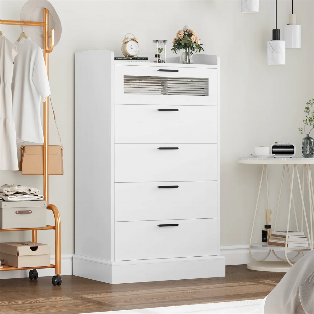 White 5 Drawer Glass Panel Wood Dresser Y381254