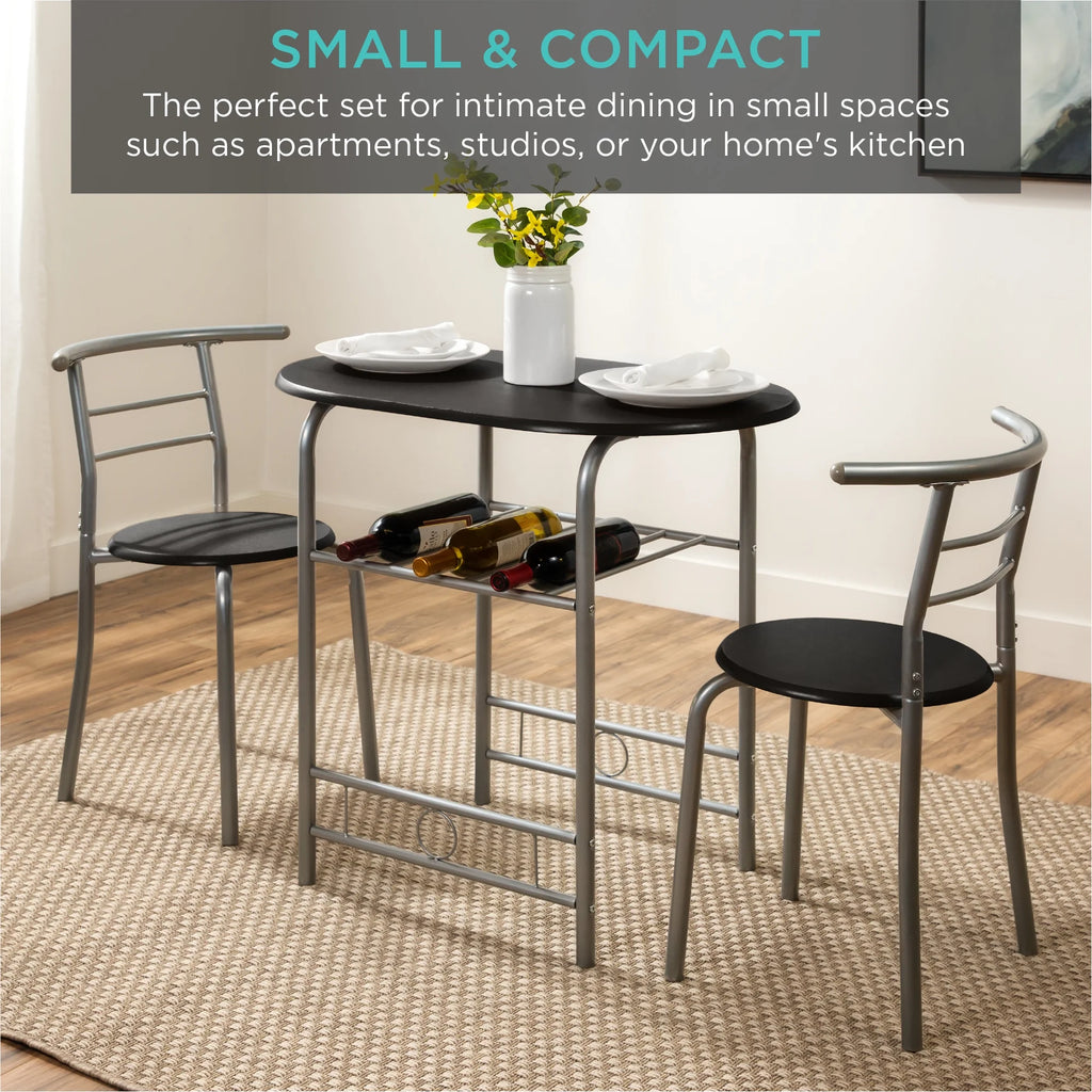 3-Piece Wood Dining Table & Chairs Set with Steel Frame, Built-In Wine Rack A216964
