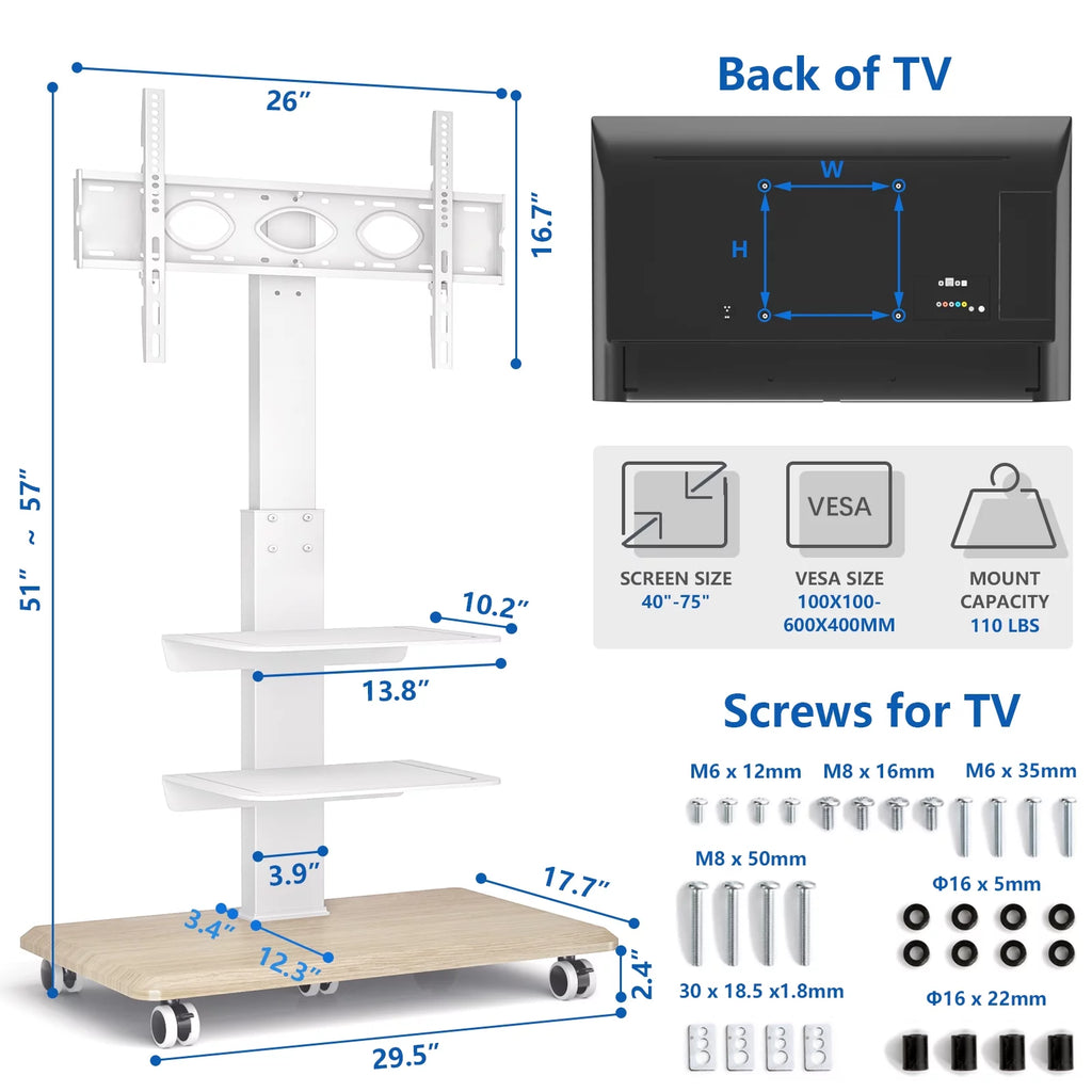 Black Rolling TV Stand with 3 Shelves V909