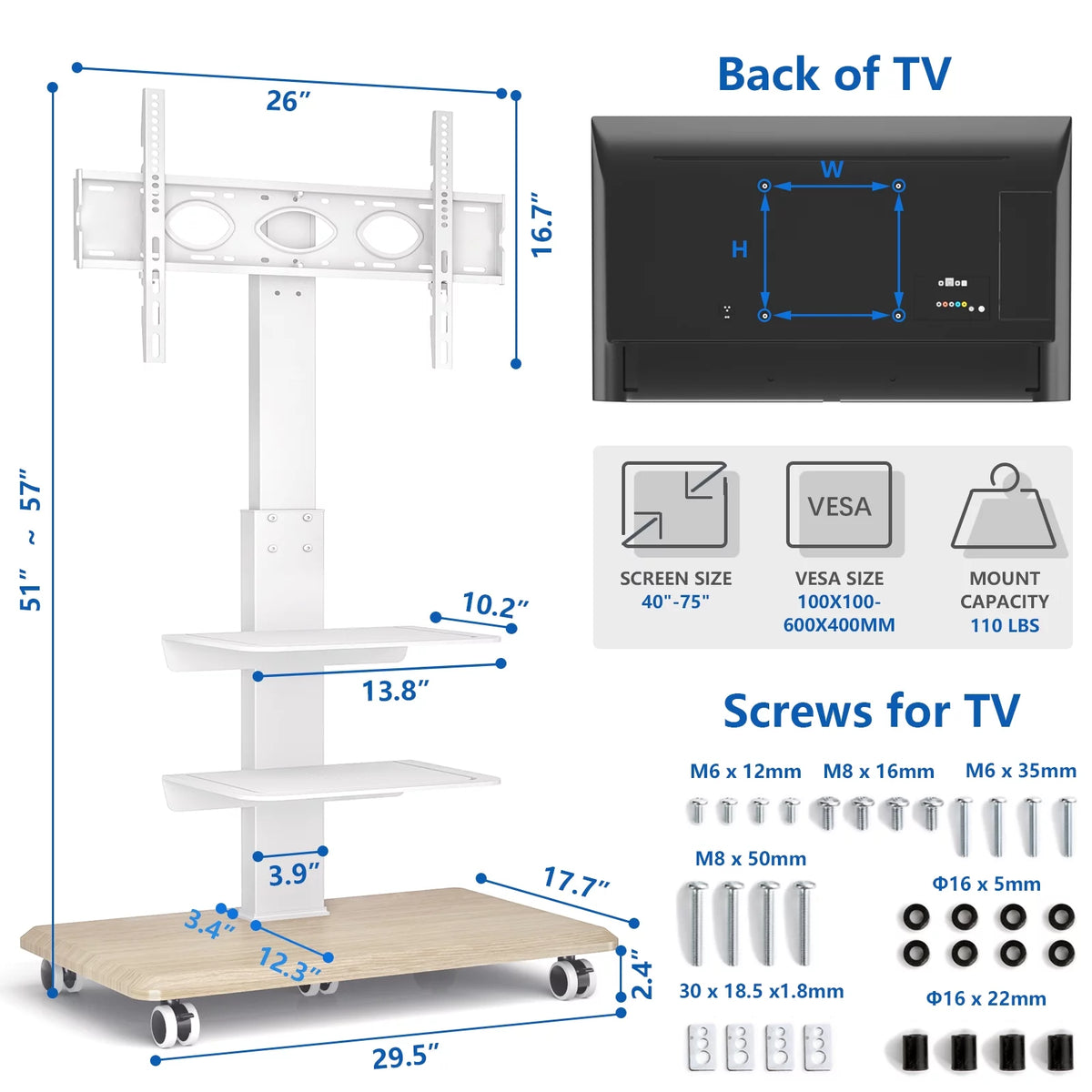 Black Rolling TV Stand with 3 Shelves V909