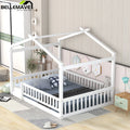 Full Size Wooden House Bed with Roof and Fence P90208