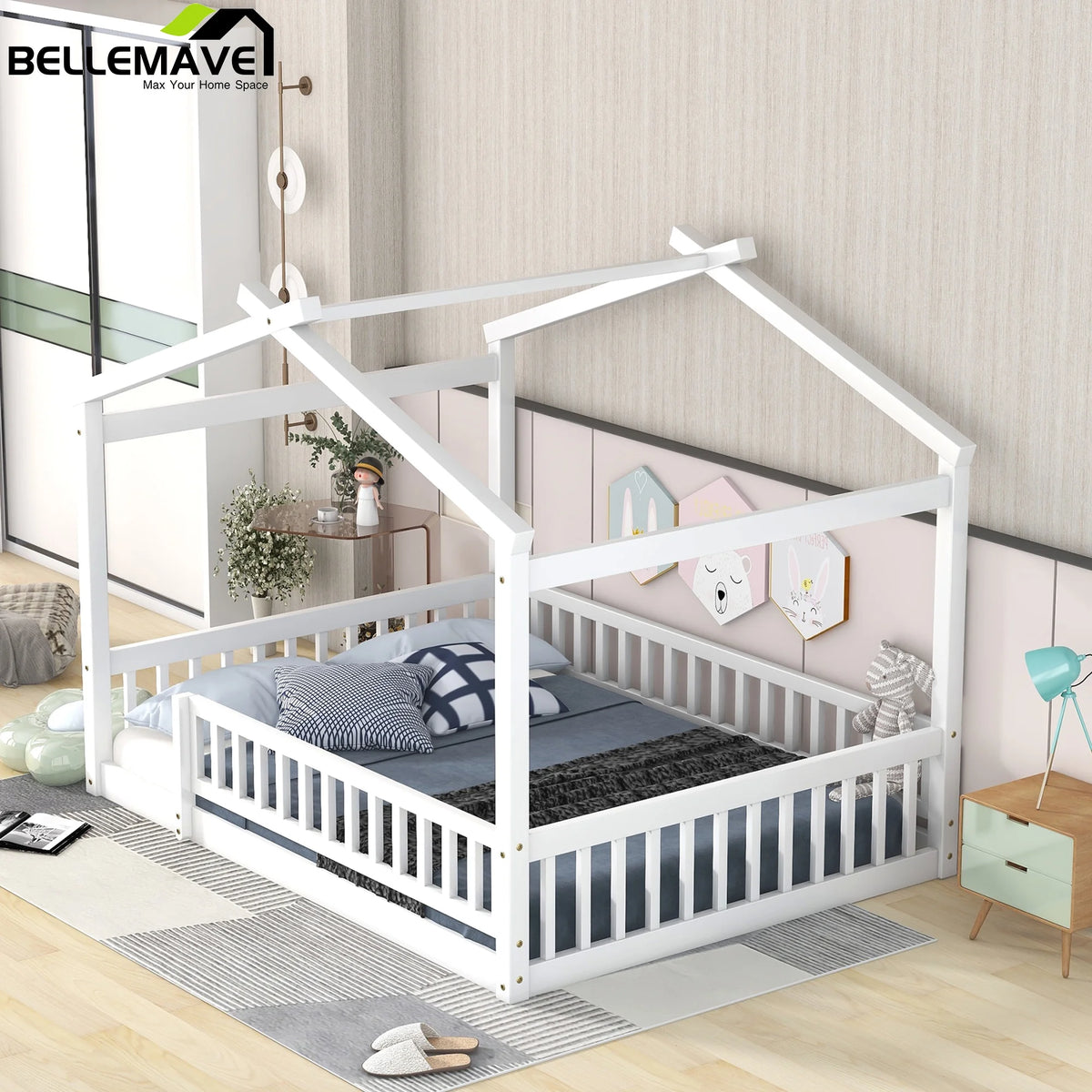 Full Size Wooden House Bed with Roof and Fence P90208