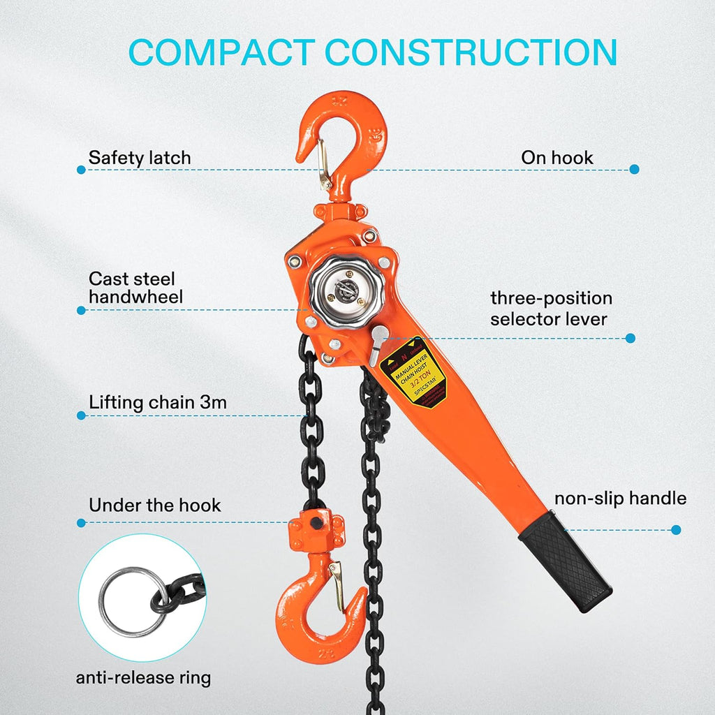 Lever Chain Hoist 1-1/2 Ton Capacity 10 Feet with 2 Hooks J471