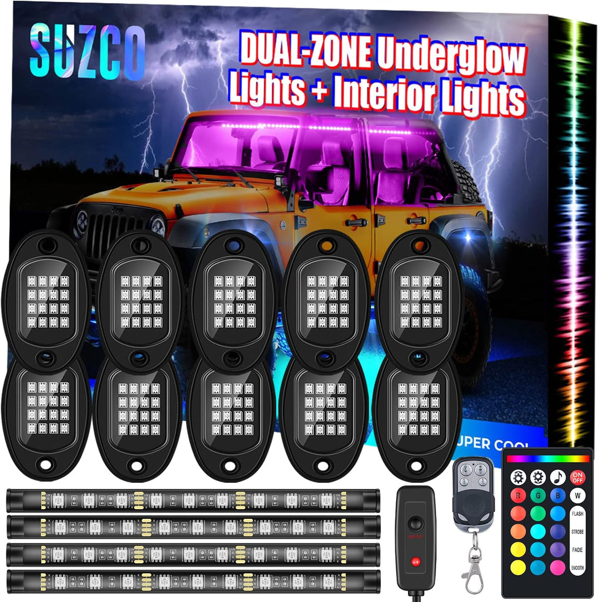 10-pods LED RGB Neon Underglow Wheel Well Lights Kit, Dual-Zone Interior Light Kit, Waterproof 12V, Pack of 2 H512921