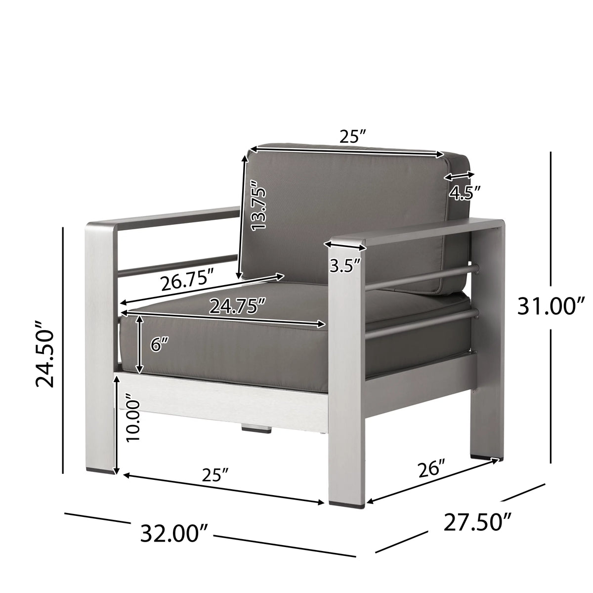 Aluminum Club Chairs with Cushions, Set of 2, Gray G6036