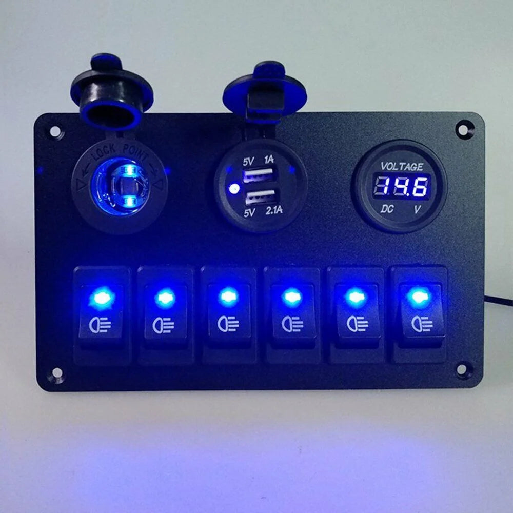 6 Gang Blue LED Rocker Switch Panel W2645