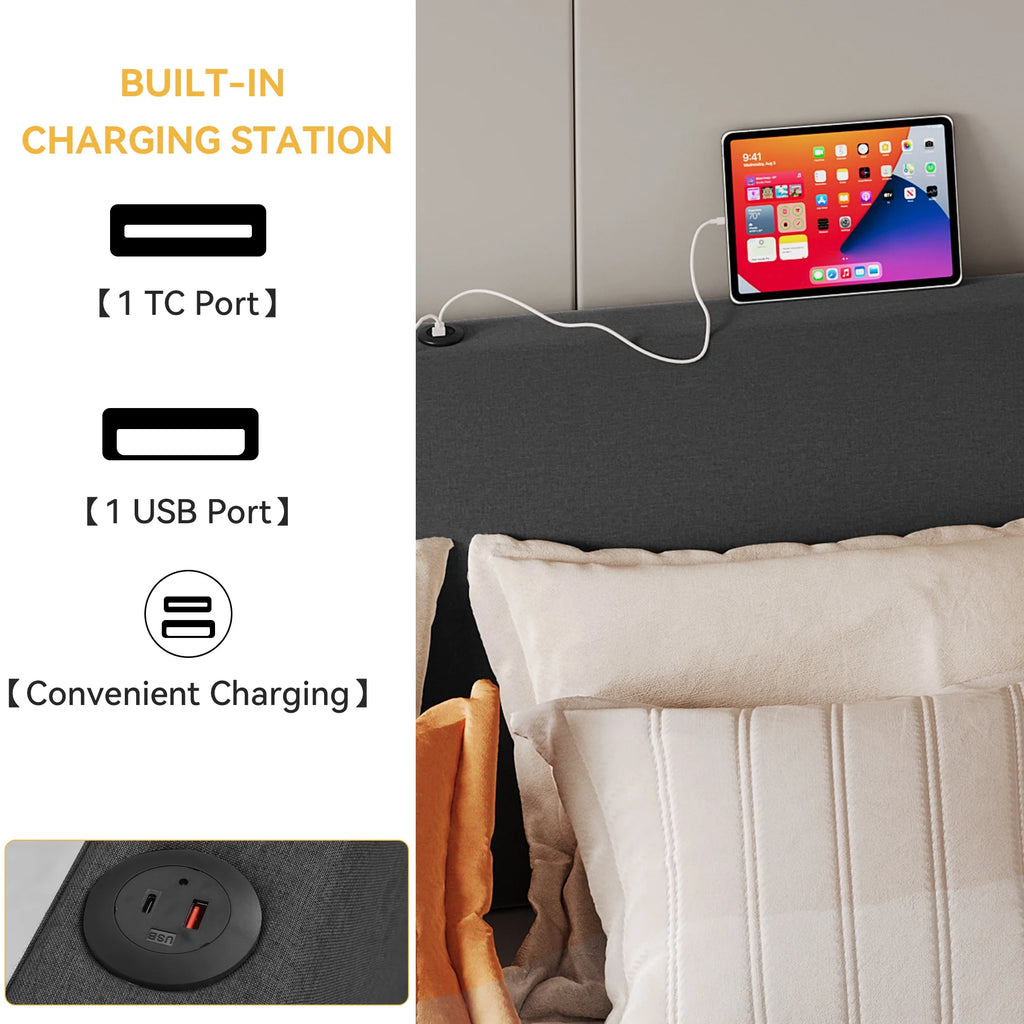Queen Size Lift-Up Storage Bed with Charging Station and Wingback Headboard S88283