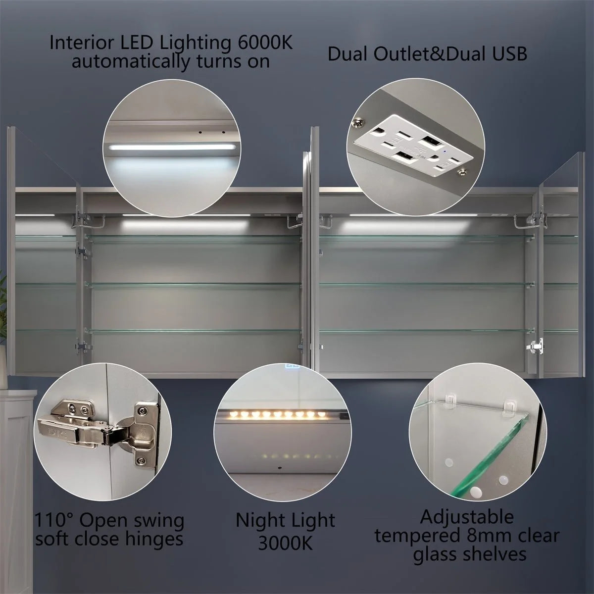 72" W x 32" H Lighted Medicine Cabinet with Outlets and USBs X51058