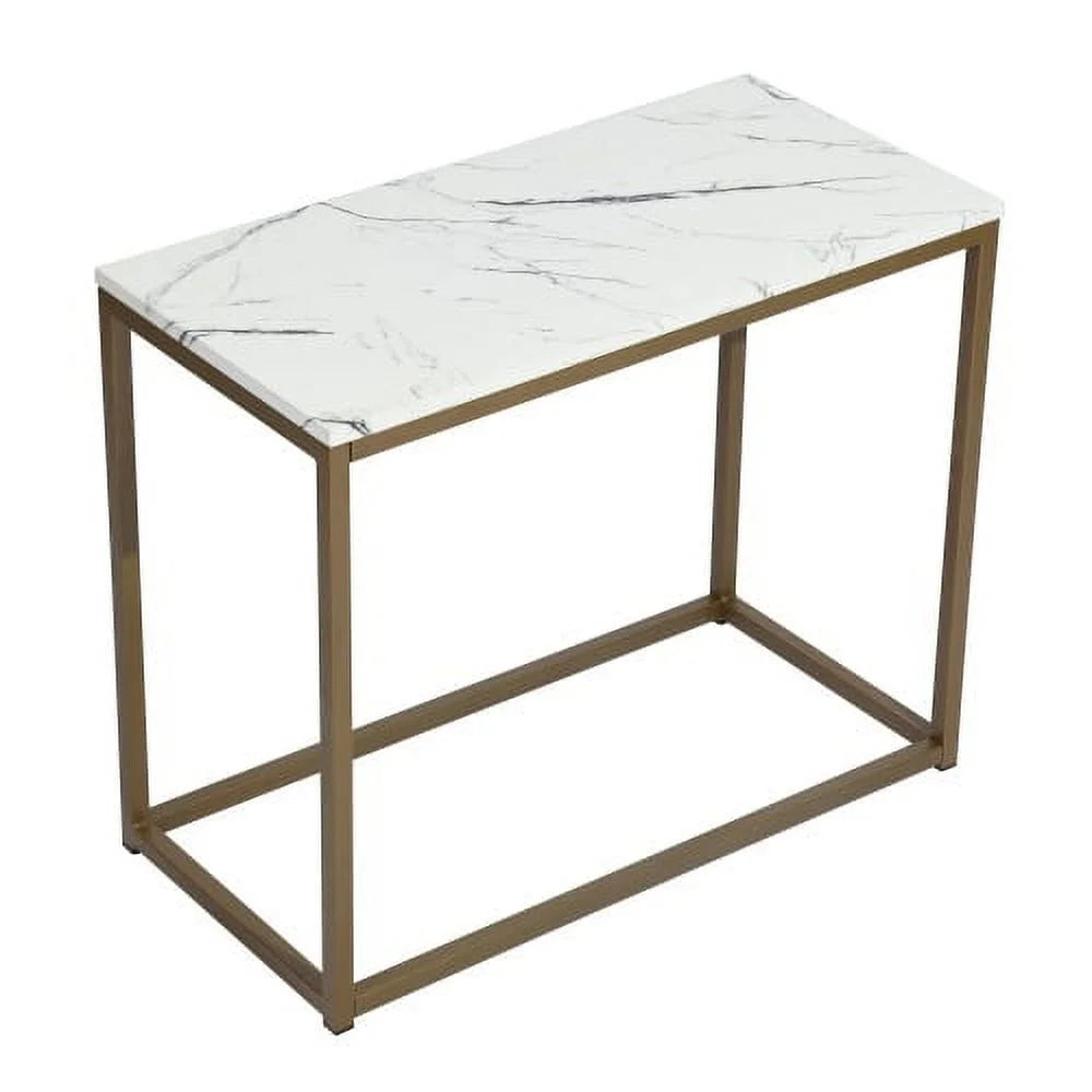 Open Rectangular Wood Side End Table, 28 Inch, Marble & Gold U1665