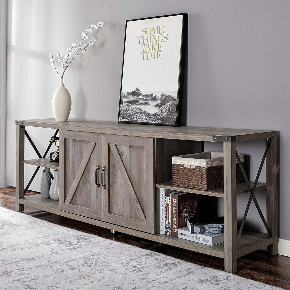 68 TV Stand Wood Metal TV Console with Storage Cabinets and Shelves, Rustic Gray Wash B3852