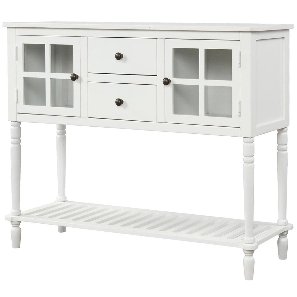 White Farmhouse Console Table with Glass Cabinet and Bottom Shelf X720
