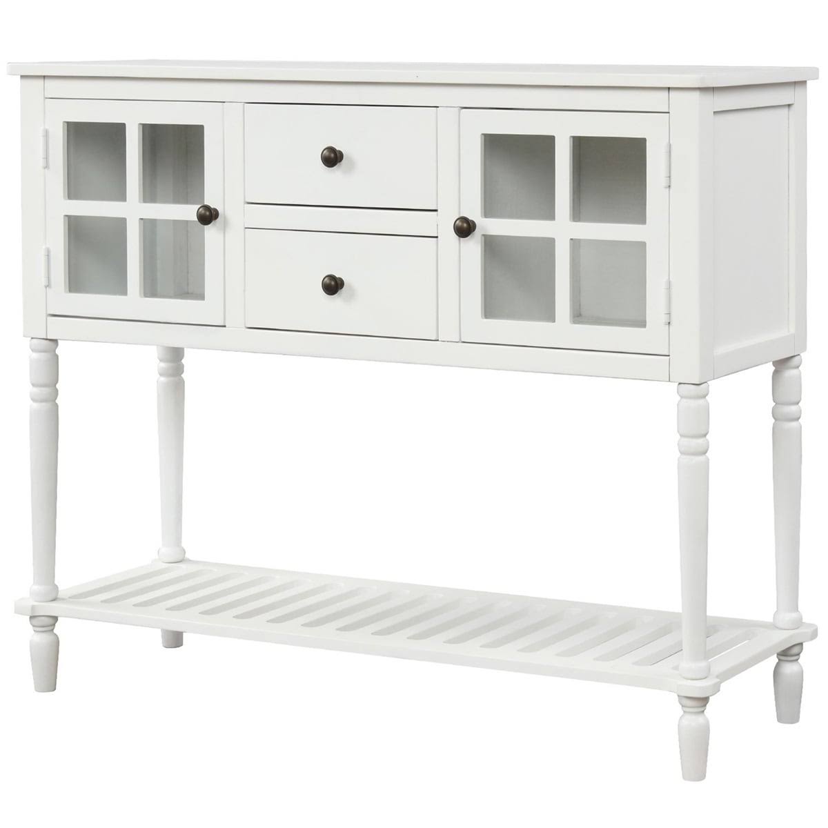 White Farmhouse Console Table with Glass Cabinet and Bottom Shelf X720