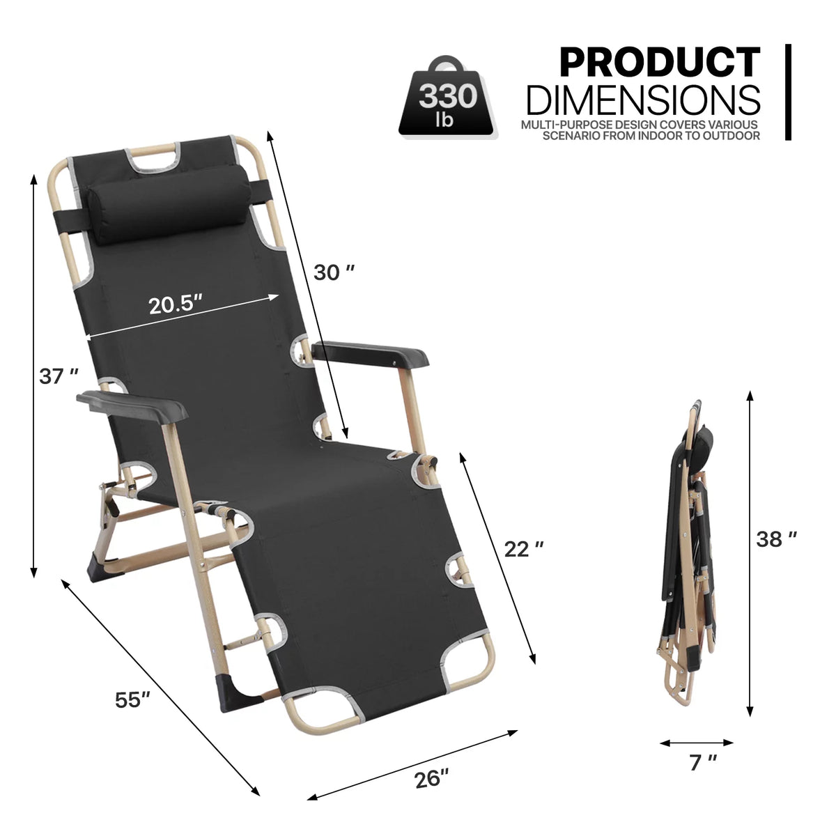 Set of 2 Black Folding Lounge Chair with Adjustable Headrest D3455
